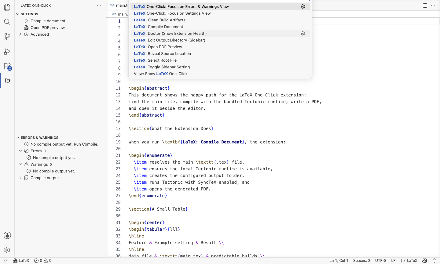 Real VS Code Command Palette showing LaTeX One-Click commands