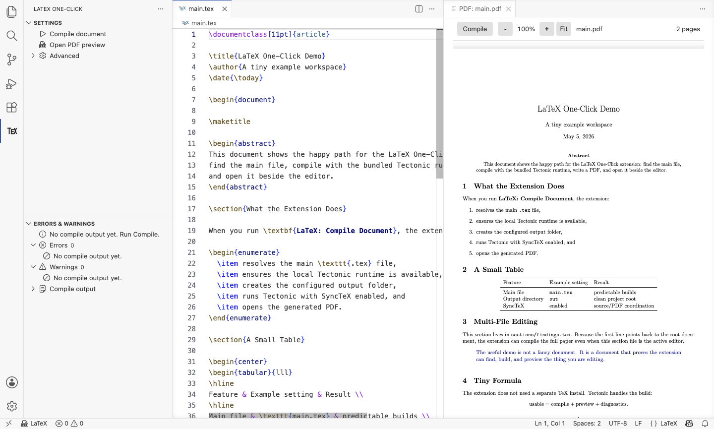 Real VS Code screenshot with PDF preview beside LaTeX source