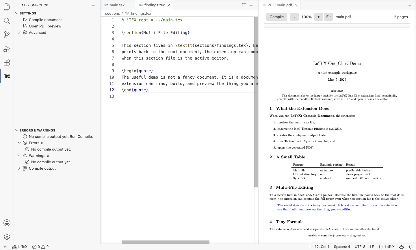 Real VS Code screenshot with PDF preview and selected LaTeX source line